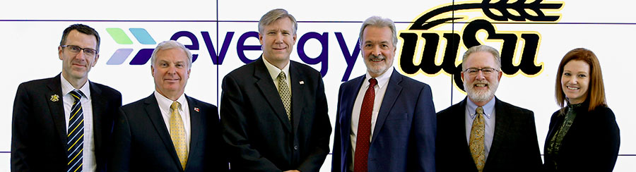 Pictured from left to right: Dennis Livesay, dean, College of Engineering; Jeff Beasley, vice president of customer operations, Evergy; Jeff Martin, vice president of customer and community operations, Evergy; Engineering Professor Ward Jewell; Keith Pickus, WSU Foundation vice president; and Megan Wagner, customer solutions manager, Evergy.