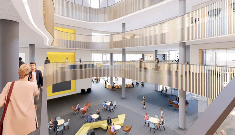 Wichita State University architectural rendering of 2nd floor view of Atrium of Woolsey Hall