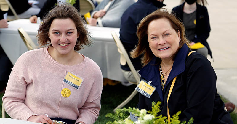 Debbie Haynes visited with Kathlynn Short, recipient of the scholarship Haynes established with her husband, Larry Beamer.