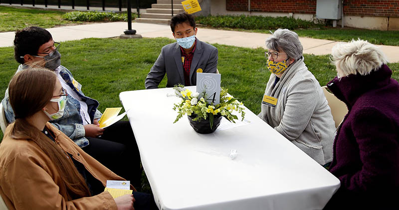 Jane McHugh, a member of the WSU Foundation board of directors, speaks to recipients of the scholarship she endowed to honor her father, Gerald Pike.