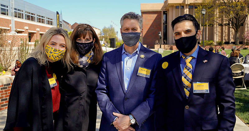 WSU students Maddie Spurlock, left, and Erick Cruz, right, emceed this year’s Scholarship Celebration. They’re shown here with WSU Interim President Rick Muma and Elizabeth King, president and CEO of the WSU Foundation, who spoke at the event.