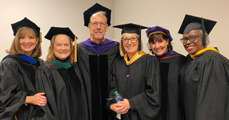 Among those who took part in the inauguration ceremony were members of the WSU Foundation Board of Directors. From left: Elizabeth King, Debbie Haynes, Dan Peare (board chair), Susayn Brandes, Pamela Ammar and Junetta Everett.