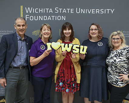 College of Engineering Dean Anthony Muscat poses with Kendra Johnson, Brianna Smith, Kait Weston and Cindy Hoover.