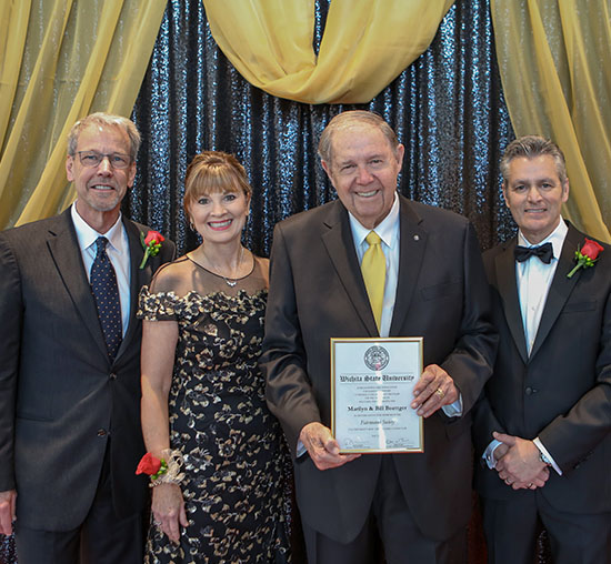 Bill Boettger celebrates becoming a Lifetime Distinction Member pictured with Dan Peare, WSU Foundation Board of Directors Chair, Elizabeth King, WSU Foundation President and CEO, and Rick Muma, Wichita State University President