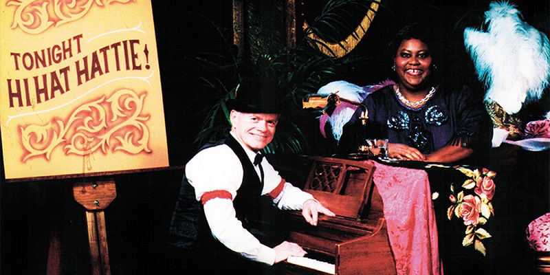 Karla Burns in her role as Hattie McDaniel in Hi-Hat-Hattie, along with her accompanist.