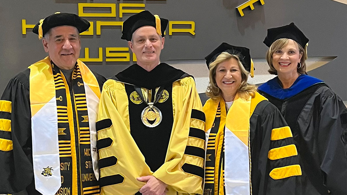 From left: Gene Camarena, WSU President Rick Muma, Yolanda Camarena, WSUFAE President & CEO Elizabeth King.