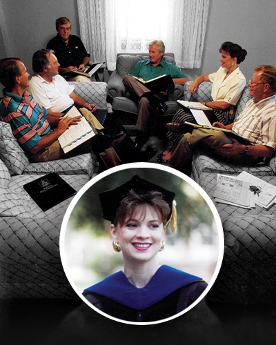 1991’s administrative team, from right: Roger Lowe, Elizabeth King, President Warren Armstrong, Fred Sudermann ’58/60, James Rhatigan, Rex Cottle